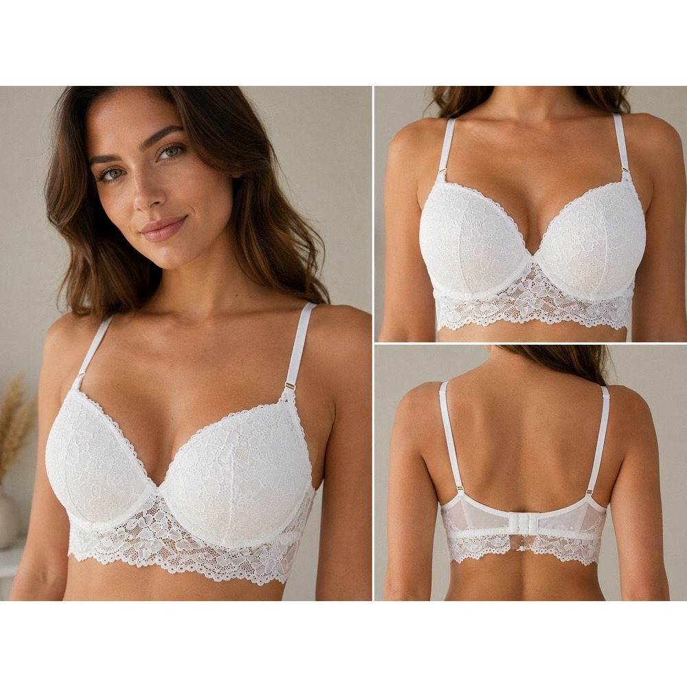 H&M Super Push-up Bralette White Floral Lace Longline Bra 32A Underwire Padded